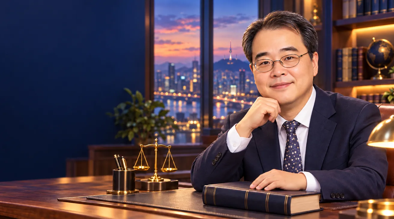서울 야경이 보이는 사무실 책상에 앉아 있는 최원석 대표 변호사. 책상 위에 법전과 금색 저울이 놓여 있다.